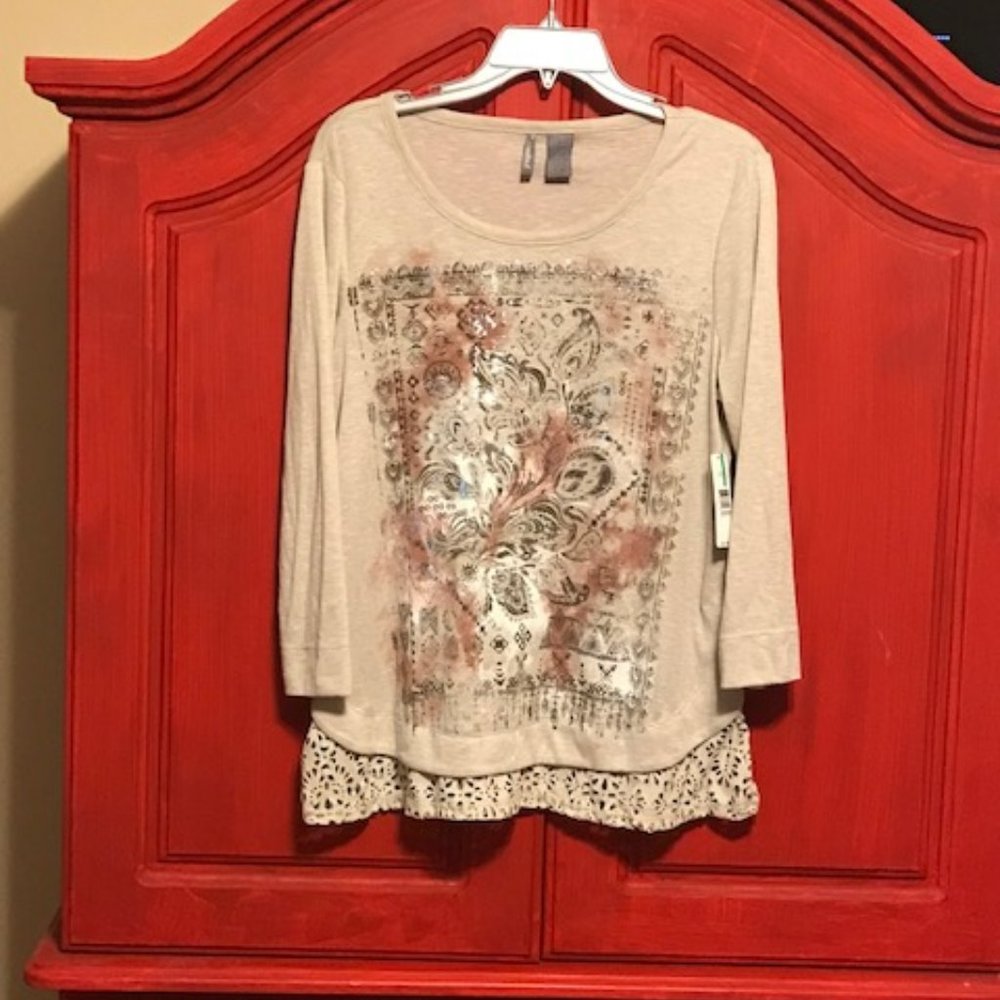 New Directions Weekend brown silver lace L/S shirt size L large NWT Boho